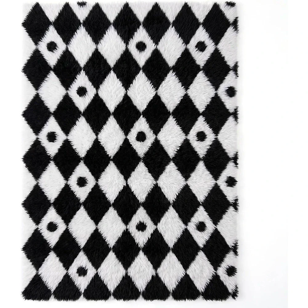 Checkered Rug 6X9 Living Room Black White Modern Shag Rug Washable Large